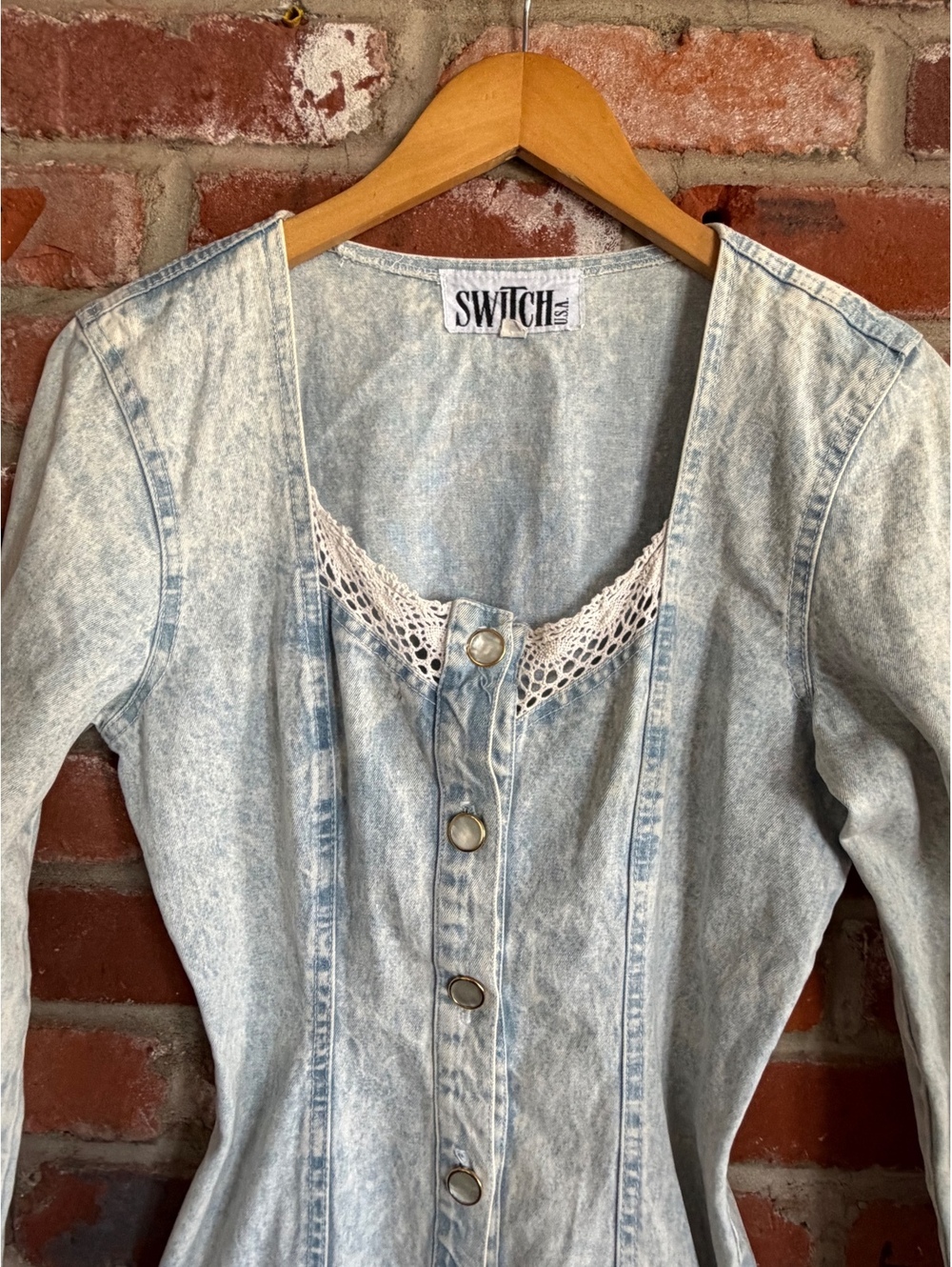 Vintage Acid Wash Denim Button-Front Dress with Lace Trim - Picture 6 of 6